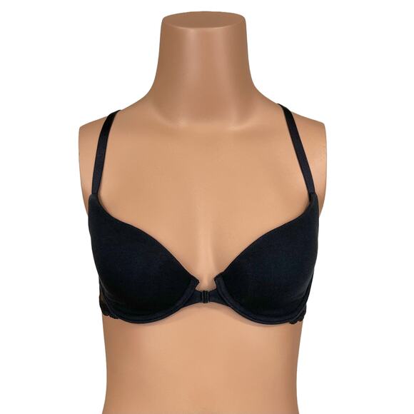 Victoria's Secret Racerback Demi Bra Sz 32C Front Close Black Floral Lace Lined - Picture 1 of 5